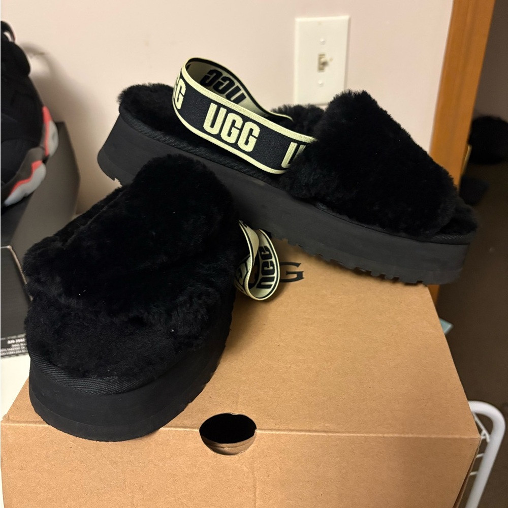 UGG Black Fluffy Platform Slides with Lime Green & Black Logo Strap